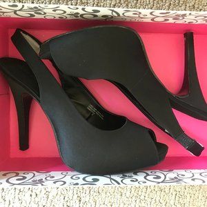 Black peep toe heels with back strap